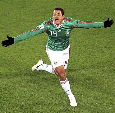 Mexico's Javier Hernandez celebrates his goal against France
