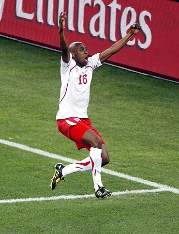 Switzerland's Gelson Fernandes celebrates after scoring against Spain