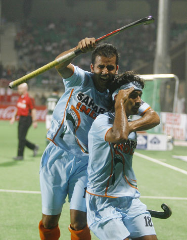Shivendra Singh celebrates after scoring a goal