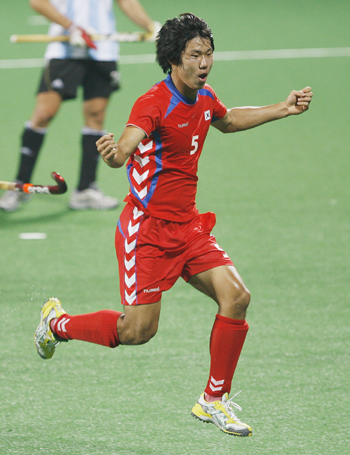 South Korea's Nam celebrates after scoring the second goal during their match against Argentina