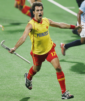 Spain's Albert Sala celebrates after scoring the team's first goal during their match against India