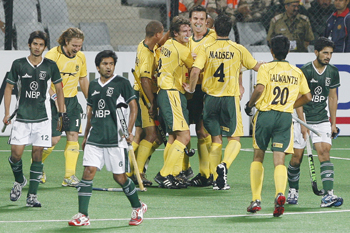 South Africa's players celebrate their third goal agaisnt Pakistan