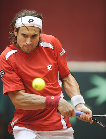 Spain's David Ferrer in action during his Davis Cup tie on Sunday