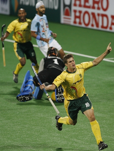 South Africa's Norris-Jones celebrates after scoring the first goal against India