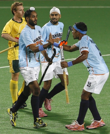 Sarvanjit celebrates after scoring the equaliser