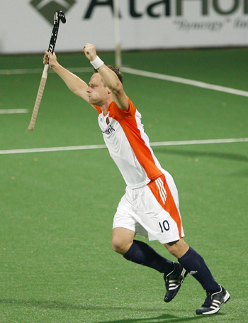 The Netherlands' Taeke Taekema celebrates scoring a goal against Australia during their semi-final match