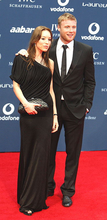 England all-rounder Andrew Flintoff poses with his wife Rachael Woods on the red carpet as they arrive for the Laureus World Sports Awards