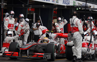 Hamilton during a pitstop