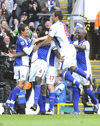 Blackburn Rovers' Chris Samba (2nd from left) celebrates with teammates after scoring against Arsenal