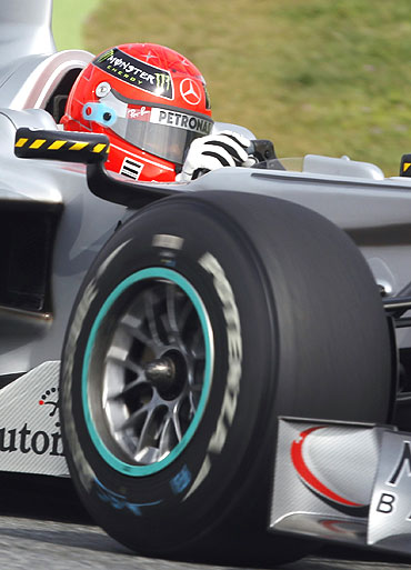 Michael Schumacher drives during the practice session in Barcelona