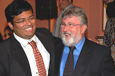 Anand's seconds Surya Shekhar Ganguly and advisor Hans-Walter Schmitt (left) after the victory