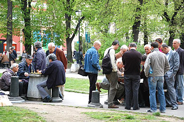 Chess aficionados play in a public park in Sofia