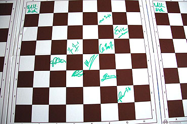 The chess board with signatures of all the team members