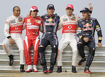 Lewis Hamilton, Fernando Alonso, Mark Webber, Jenson Button and Sebastian Vettel at the Korean GP circuit