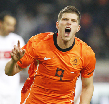 Netherlands' Klaas-Jan Huntelaar celebrates after scoring a goal against Turkey during their international friendly soccer match against in Amsterdam