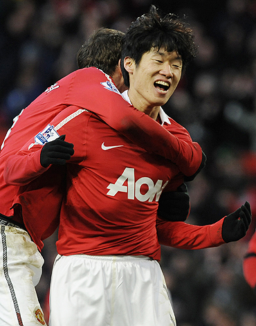 Manchester United's Park Ji-Sung celebrates after scoring against Blackburn Rovers on Saturday
