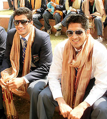 Vijender (right) with fellow-boxer Jai Bhagwan at the Commonwealth Games Village in Delhi