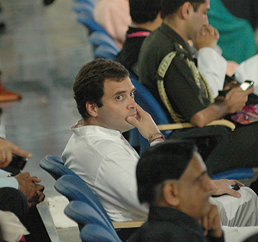 Rahul Gandhi watches the opening ceremony at the Jawaharlal Nehru stadium