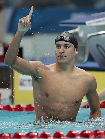 Chad Guy Dertrand Le Clos of South Africa celebrates after wining the men's 200m butterfly final