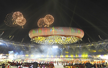Fireworks at the opening ceremony of the Commonwealth Games at Nehru Stadium