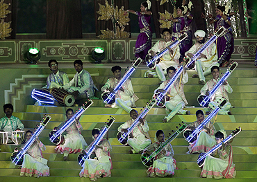 Classical musicians performer at the Jawaharlal Nehru Stadium during the opening ceremony