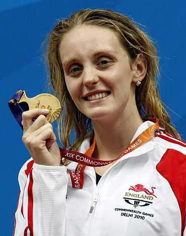 Fran Halsall with the women's 50 metre butterfly gold medal