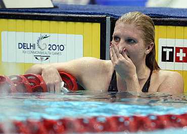 England's Rebecca Adlington reacts during the women's 800m freestyle swimming finals