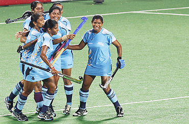 Indian players celebrate after scoring a goal against South Africa on Saturday