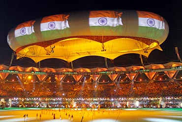 The Indian flag is projected onto the Aerostat during the Commonwealth Games closing ceremony