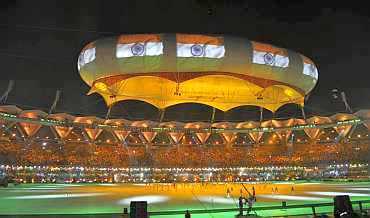 India's flag being displayed at the aerostat during the closing ceremony