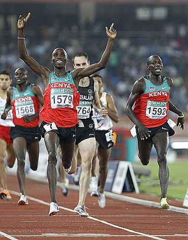 Kenya's Silas Kiplagat (1579) celebrates after winning gold in the men's 1,500 metres finals