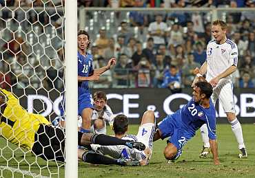 Italy's Quagliarella scores against Faroe Islands during their Euro 2012 qualifying match in Florence