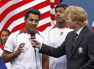 Aisam-Ul-Haq Qureshi speaks after their doubles match against Bob and Mike Bryan at the US Open tennis tournament