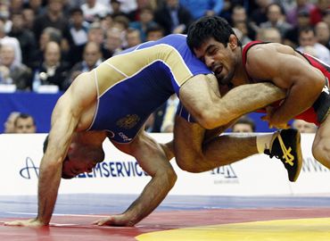 Sushil Kumar and Russian grappler Gogaev Alan battle it out on the mat