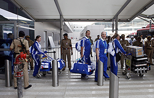 Members of the Scotland team arrive in New Delhi on Sunday for the Commonwealth Games