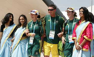 Australian athletes alongwith Indian folk dancers at the Commonwealth Games athletes village