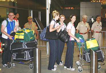 Australian athletes arrive at the Indira Gandhi airport on Monday