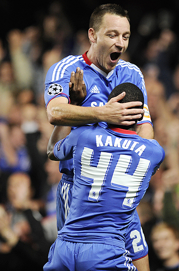 Chelsea's John Terry celebrates with Gael Kakuta after scoring against Olympique Marseille
