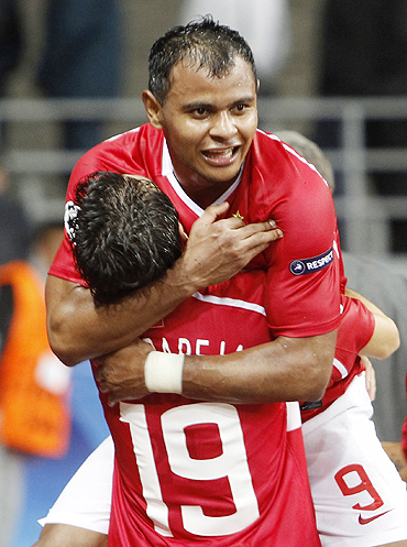 Spartak Moscow's Ari (top) celebrates with teammate Nicolas Pareja after scoring against Zilina