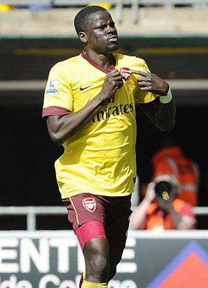 Arsenal's Emmanuel Eboue celebrates scoring against Blackpool