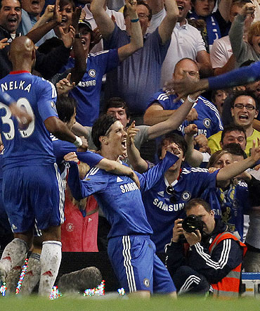 Chelsea's Fernando Torres celebrates after scoring against West Ham