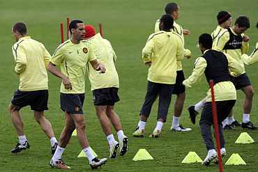 Manchester United players during a training session