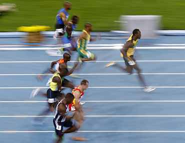 Usain Bolt in action during his men's 100 metres heat at the IAAF World Championships in Daegu
