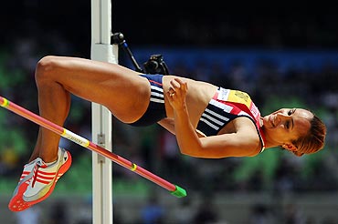 Jessica Ennis of Great Britain competes in the high jump in the women's heptathlon at the Daegu Stadium on Monday