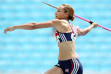 Jessica Ennis competes in the javelin throw in the women's heptathlon on Tuesday