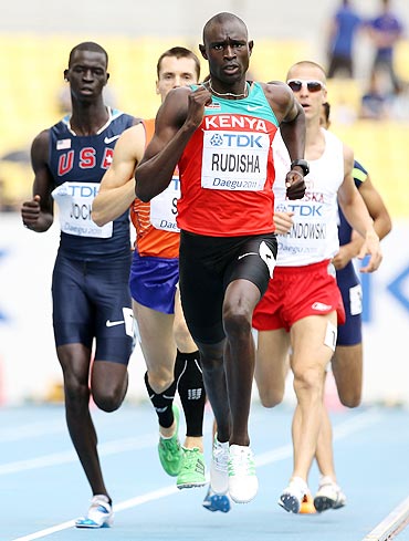 David Lekuta Rudisha of Kenya leads during the men's 800 metres heats on Saturday