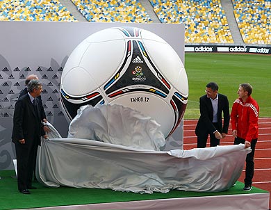 The official adidas ball is unveiled inside the Olympic Stadium before the UEFA EURO 2012 final draw ceremony