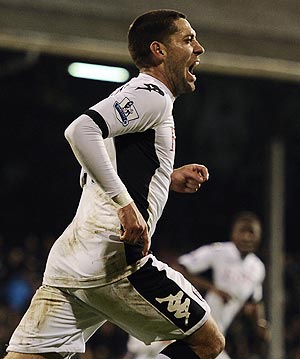 Fulham's Clint Dempsey celebrates after scoring the winner against Liverpool on Monday