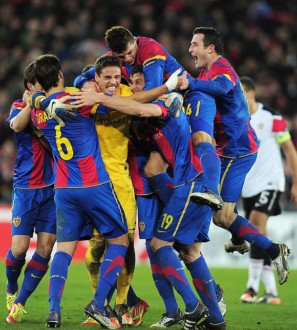 Basel players celebrate after defeating Manchester United on Wednesday