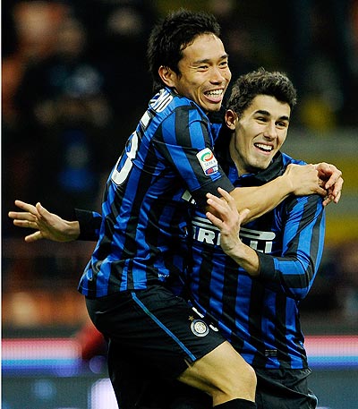 Yuto Nagatomo (left)  celebrates with Marco Davide Faraoni of FC Inter Milan